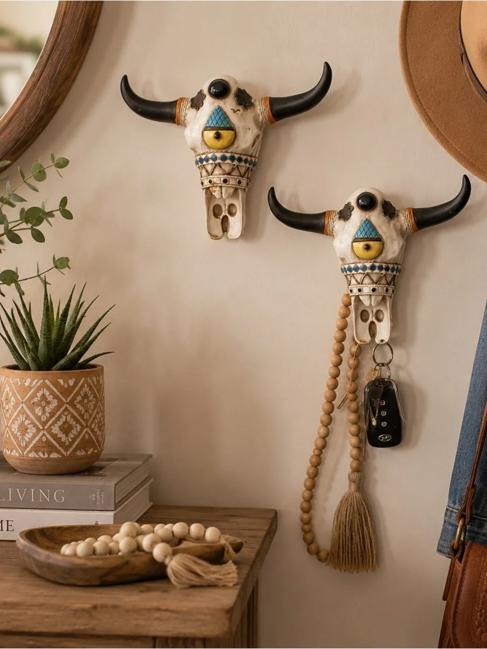 Set of 2 Southwestern Longhorn Skull Wall Hooks | Rustic Western Boho Decor